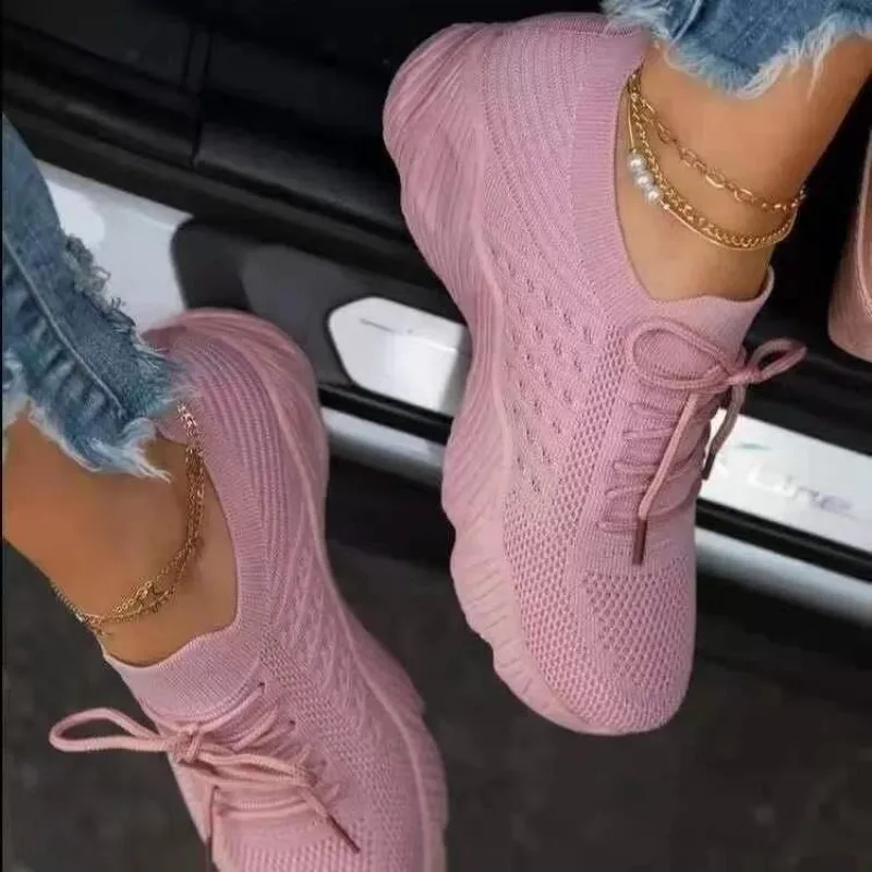 Knit Fabric Lace Up Sneakers - 女性用カジュアルニットスニーカー通気性メッシュスリッポンレースアップチャンキープラットフォーム快適アウトドア日常ウォーキングシューズ女性用