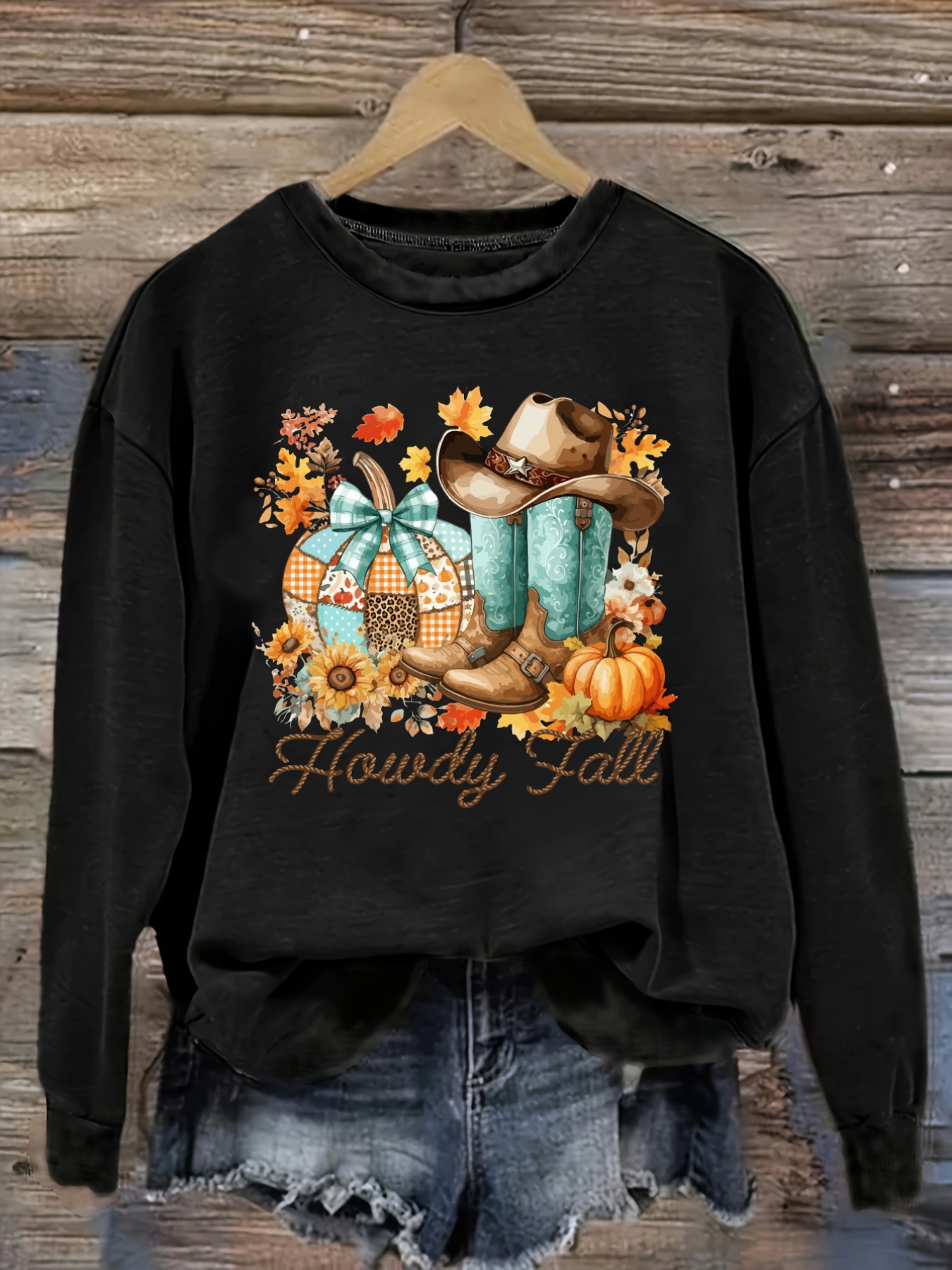 Boots - レディースカジュアル長袖クルーネックTシャツ、ハローディー・秋・カウボーイブーツ・パンプキンデザイン、ラウンドネック婦人服、洗濯機で洗える、やや伸縮性あり、ゆったりフィット、春・秋・冬用レディースTシャツ、ハロウィンコスチューム衣装
