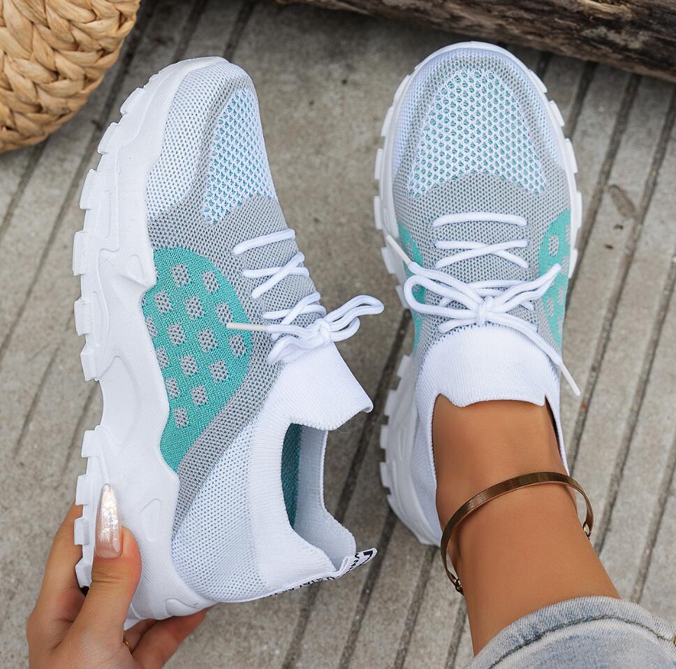 Knit Fabric Lace Up Sneakers - レディース通気性ニットメッシュスポーツシューズサマーカジュアルスニーカー厚底ラバーアウトソールプラットフォームオールシーズンテニスシューズ