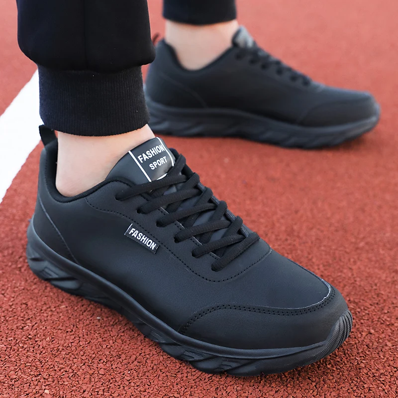 Waterproof Goretex Running Shoes - メンズPUアッパーフラットランニングシューズ、快適なウォーキングシューズ、軽量で広い足、カジュアルスポーツレザー、ブラック