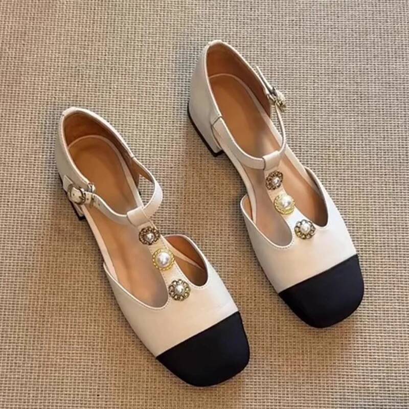 Sandals - 女性スクエアトゥヒールサンダル夏の靴ファッション新人デザイナー女性トレンドバックルパーティーシューズパンプス Zapatillas De Mujer