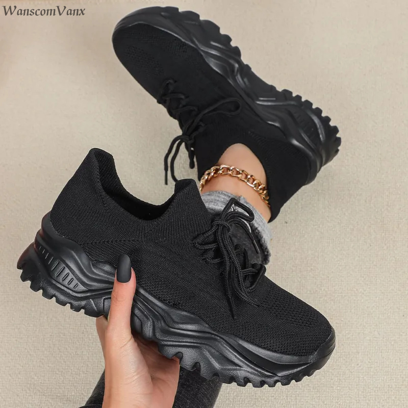 Knit Fabric Lace Up Sneakers - ファッションチャンキープラットフォームスニーカー、男女兼用、通気性のあるニットカジュアルスポーツトレーナー、伸縮性のあるスリッポンウォーキングシューズ