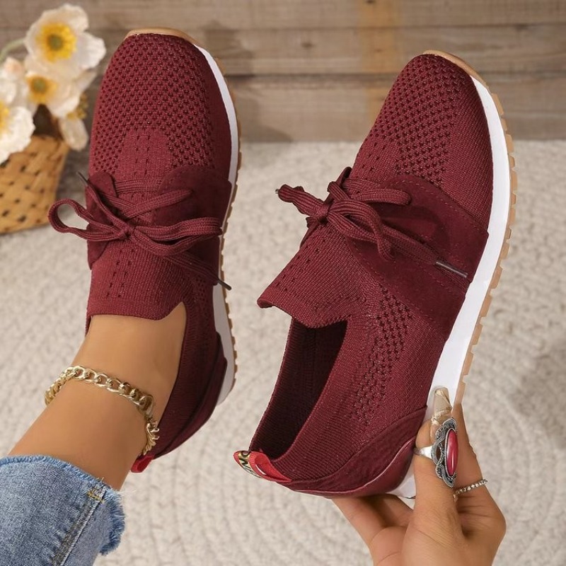 新しい黒のニット素材の通気性のあるレディーススニーカーシュー - Knit Fabric Lace Up Sneakers のレビューと価格