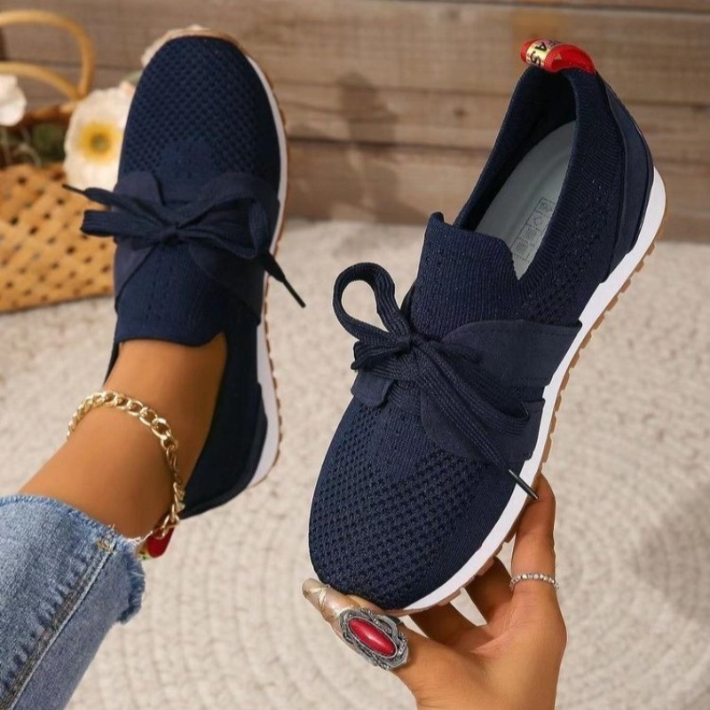 新しい黒のニット素材の通気性のあるレディーススニーカーシュー - Knit Fabric Lace Up Sneakers のレビューと価格