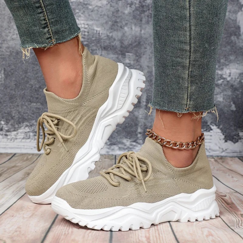 ファッションチャンキープラットフォームスニーカー、男女兼用、 - Knit Fabric Lace Up Sneakers のレビューと価格