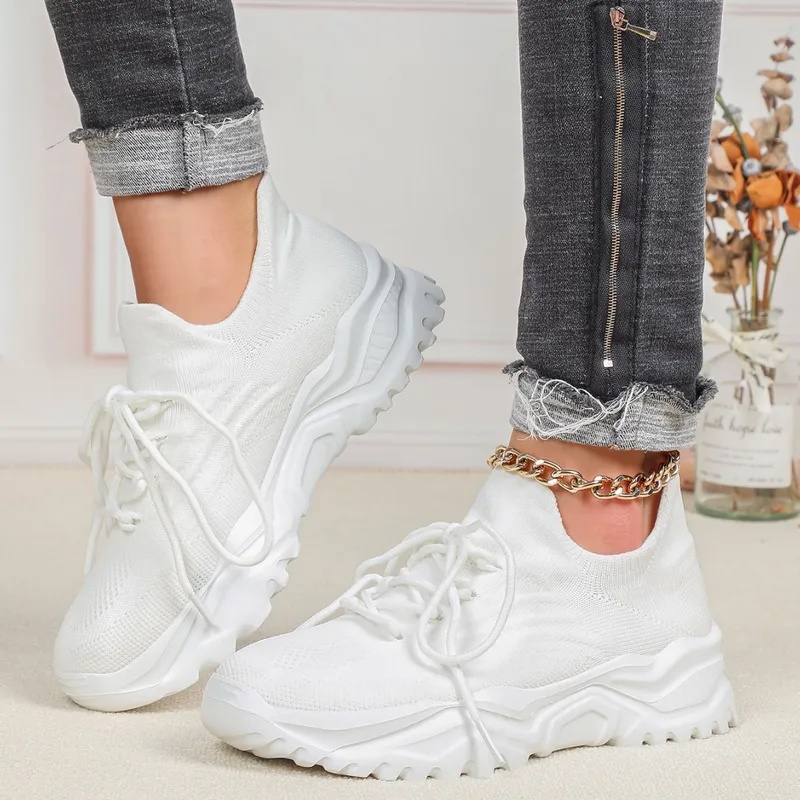 ファッションチャンキープラットフォームスニーカー、男女兼用、 - Knit Fabric Lace Up Sneakers のレビューと価格