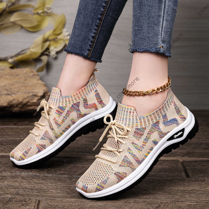 女性用ニットスリッポンスニーカー通気性のあるレースアップ春夏 - Knit Fabric Lace Up Sneakers のレビューと価格